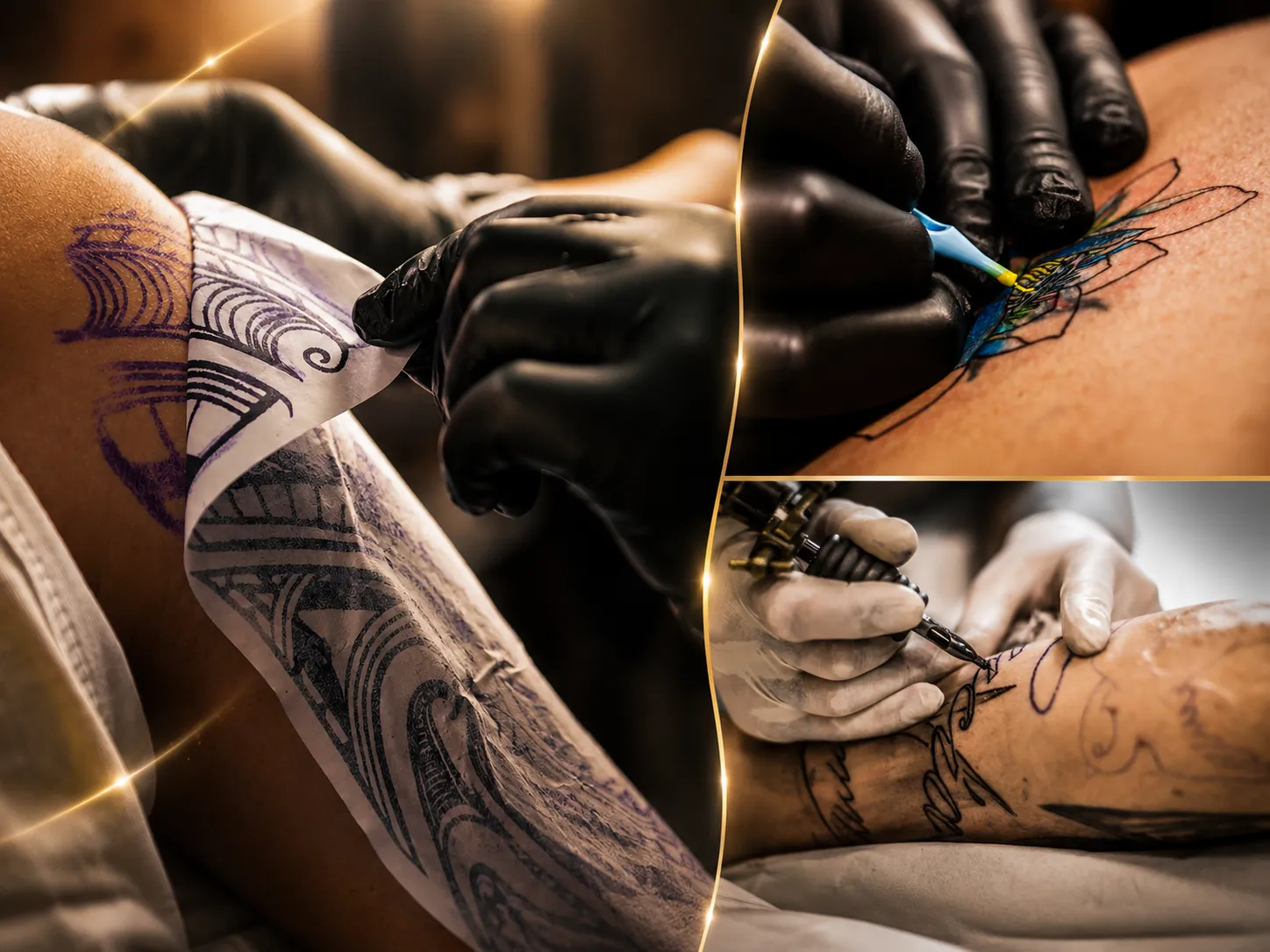 Colagem de tatuagens realizadas no Studio Harrod's: tatuagem colorida e blackwork em braço e perna