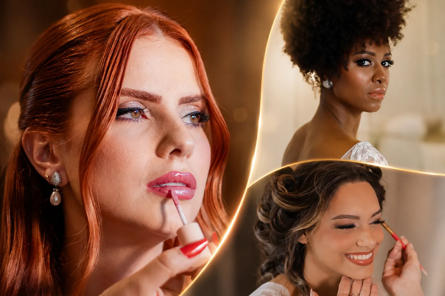 Colagem de maquiagem profissional realizada no Studio Harrod's: make de festa, noiva afro e madrinha