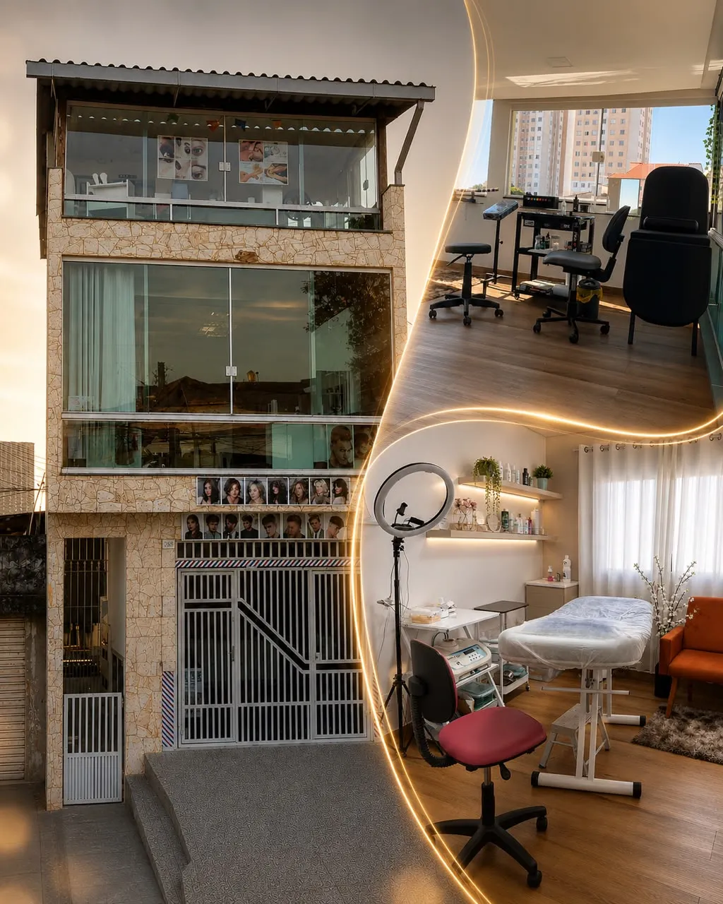 Fachada do Studio Harrod's Beleza e Estilo e ambientes internos preparados para atendimento de estética e beleza