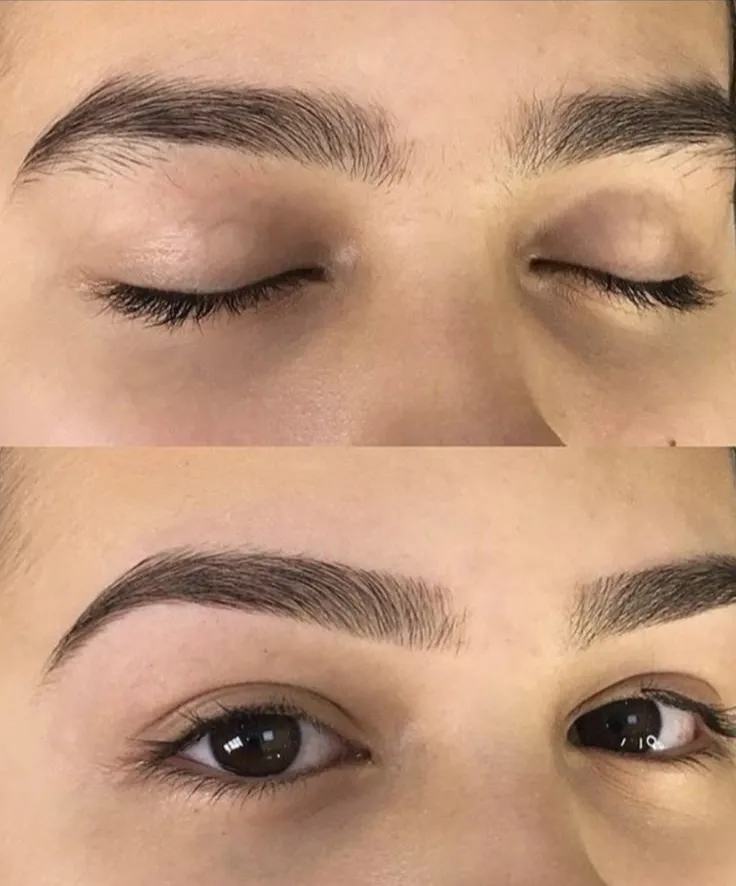 Antes e depois de micropigmentação de sobrancelha em perfil no Studio Harrod's